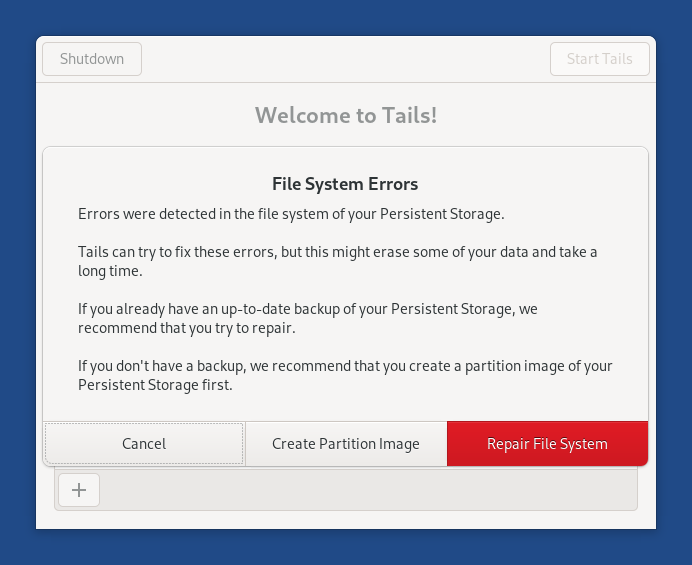 File System Errors dialog in Welcome Screen